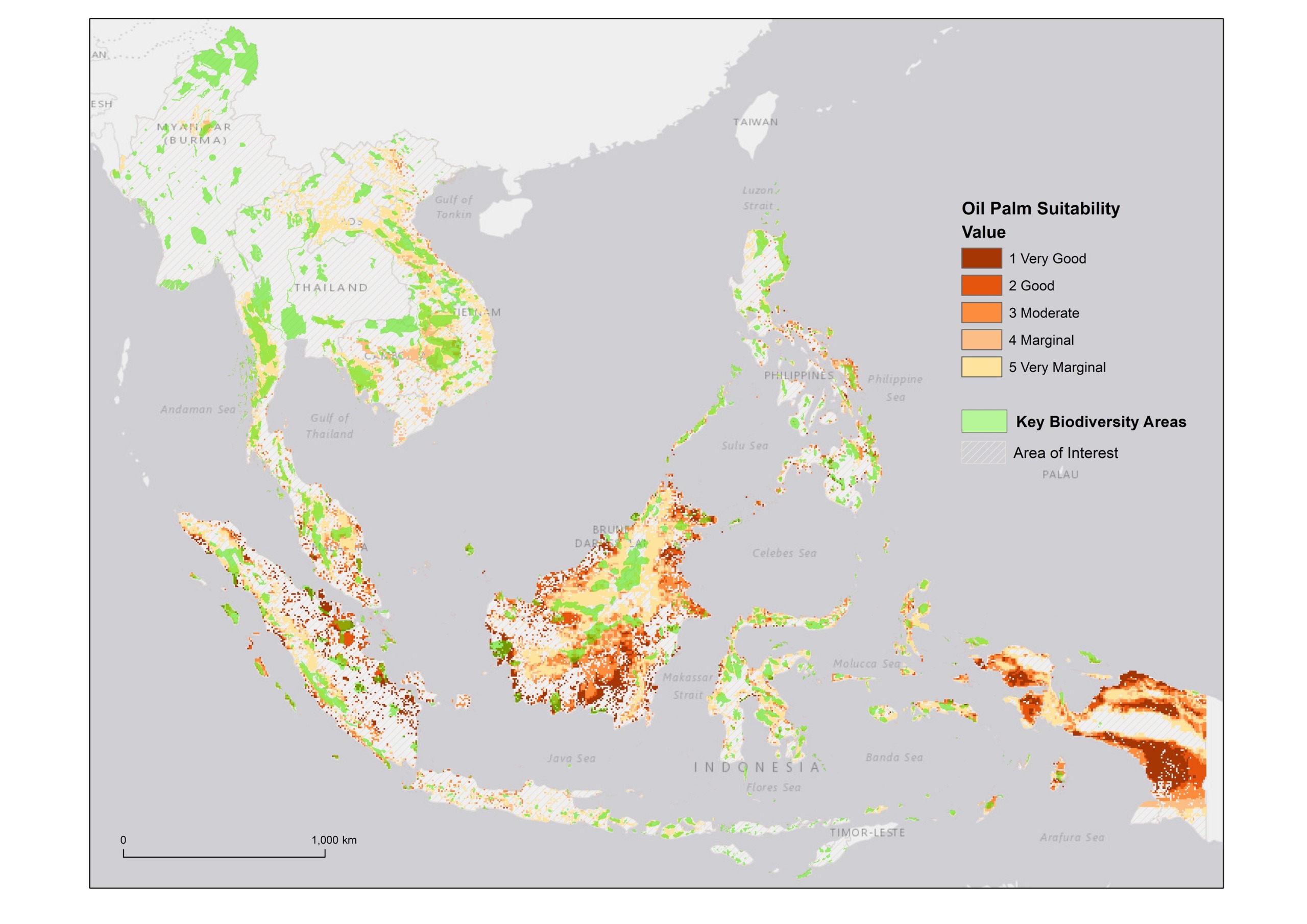 A composite map of Southeast Asia showing Key Biodiversity Areas and areas of potential oil palm expansion. "Suitability" here refers only to ecological factors like climate and soil. Credit: Hennekam, Sarira, Koh)