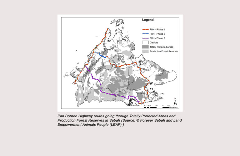 Pan Borneo Highway routes going through protected areas and forest reserves (Forever Sabah & LEAP)