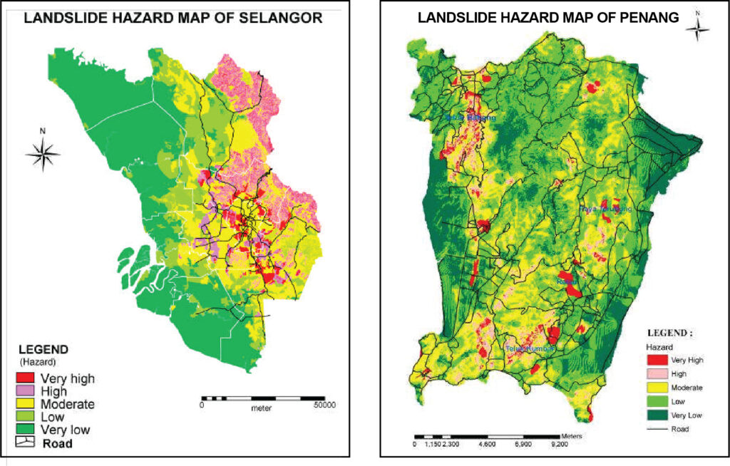 Landslide hazard maps of Selangor and Penang in the National Slope Master Plan. Hazard mapping for man-made road slopes along federal roads in Peninsular Malaysia was completed in October 2021 but the document is currently confidential. (Source: National Slope Master Plan 2009–2023, JKR)