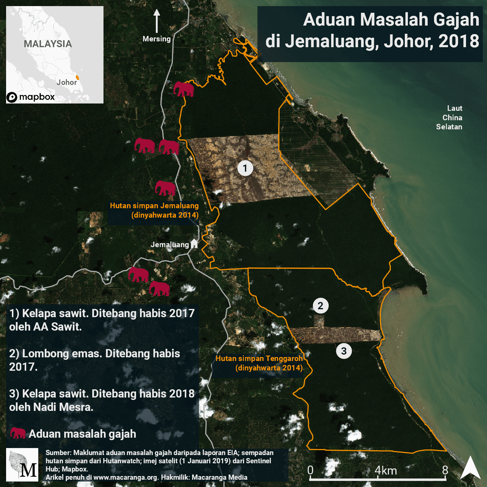 Peta lokasi aduan masalah gajah di sekitar Jemaluang, Johor. Tempat ini merupakan kawasan panas konflik manusia-gajah.