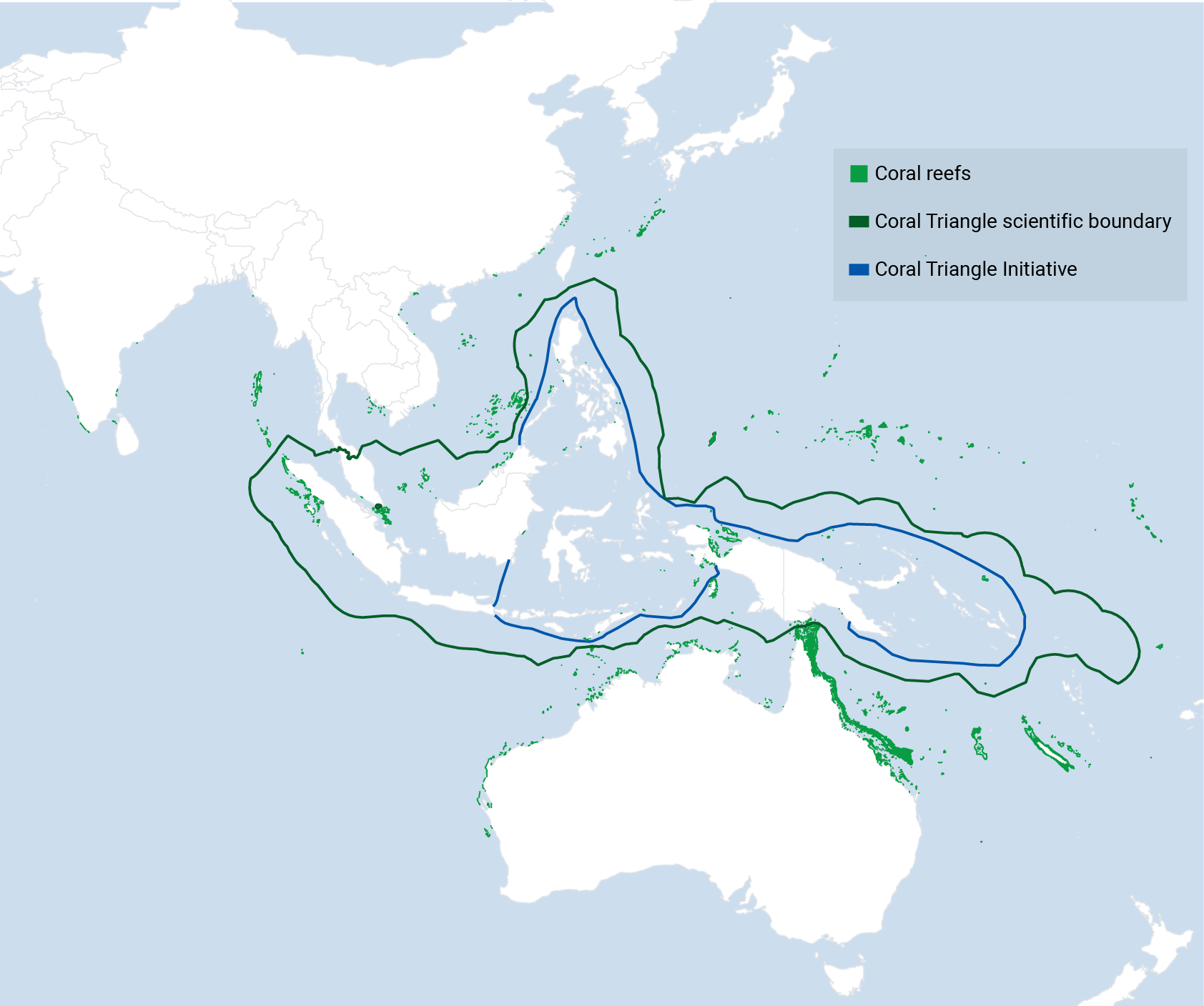 A map showing the Coral Triangle and the Coral Triangle Initiative.